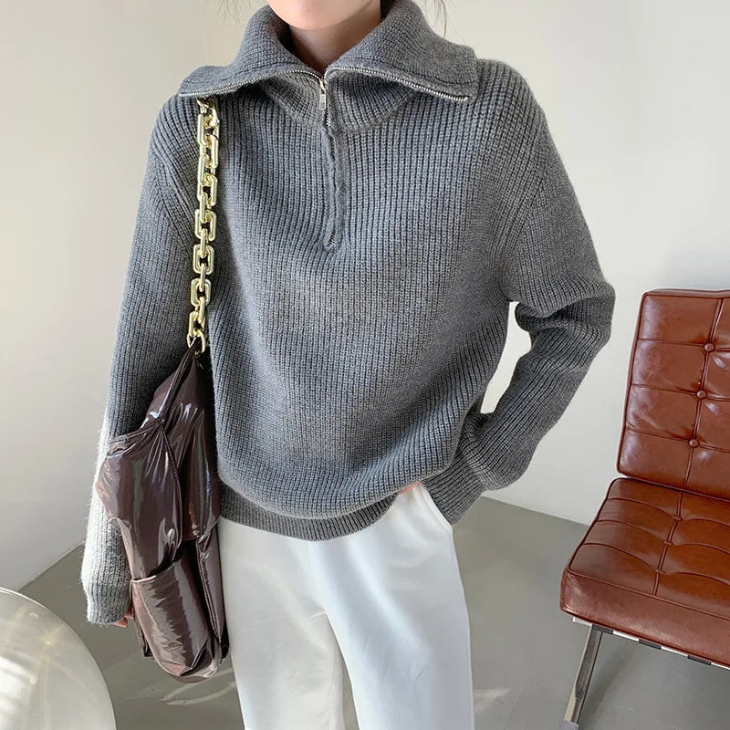 Trui met halve rits | Warme | Losse Pasvorm | Gebreide Trui | Winterkleding Voor Dames-Boetiek Moda