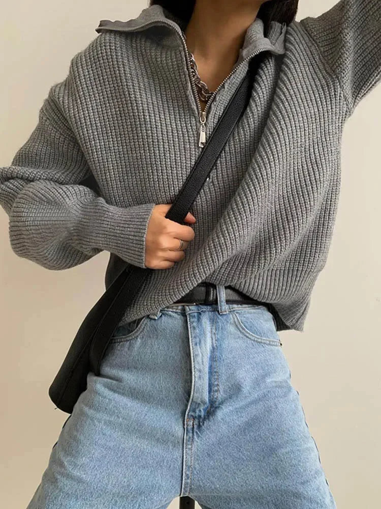 Trui met halve rits | Warme | Losse Pasvorm | Gebreide Trui | Winterkleding Voor Dames-Boetiek Moda