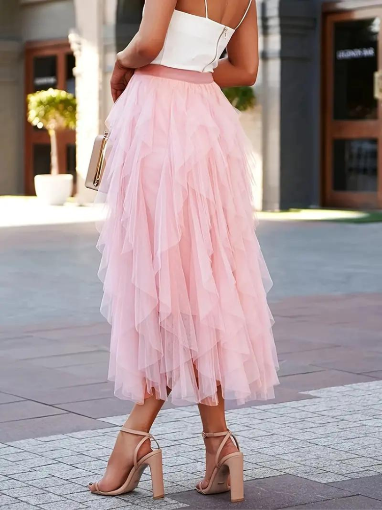 Tule Rok - Asymmetrische maxi-rok met hoge taille en ruches voor dames-Boetiek Moda