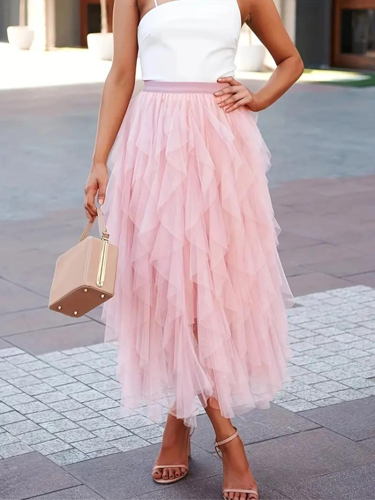 Tule Rok - Asymmetrische maxi-rok met hoge taille en ruches voor dames-Boetiek Moda
