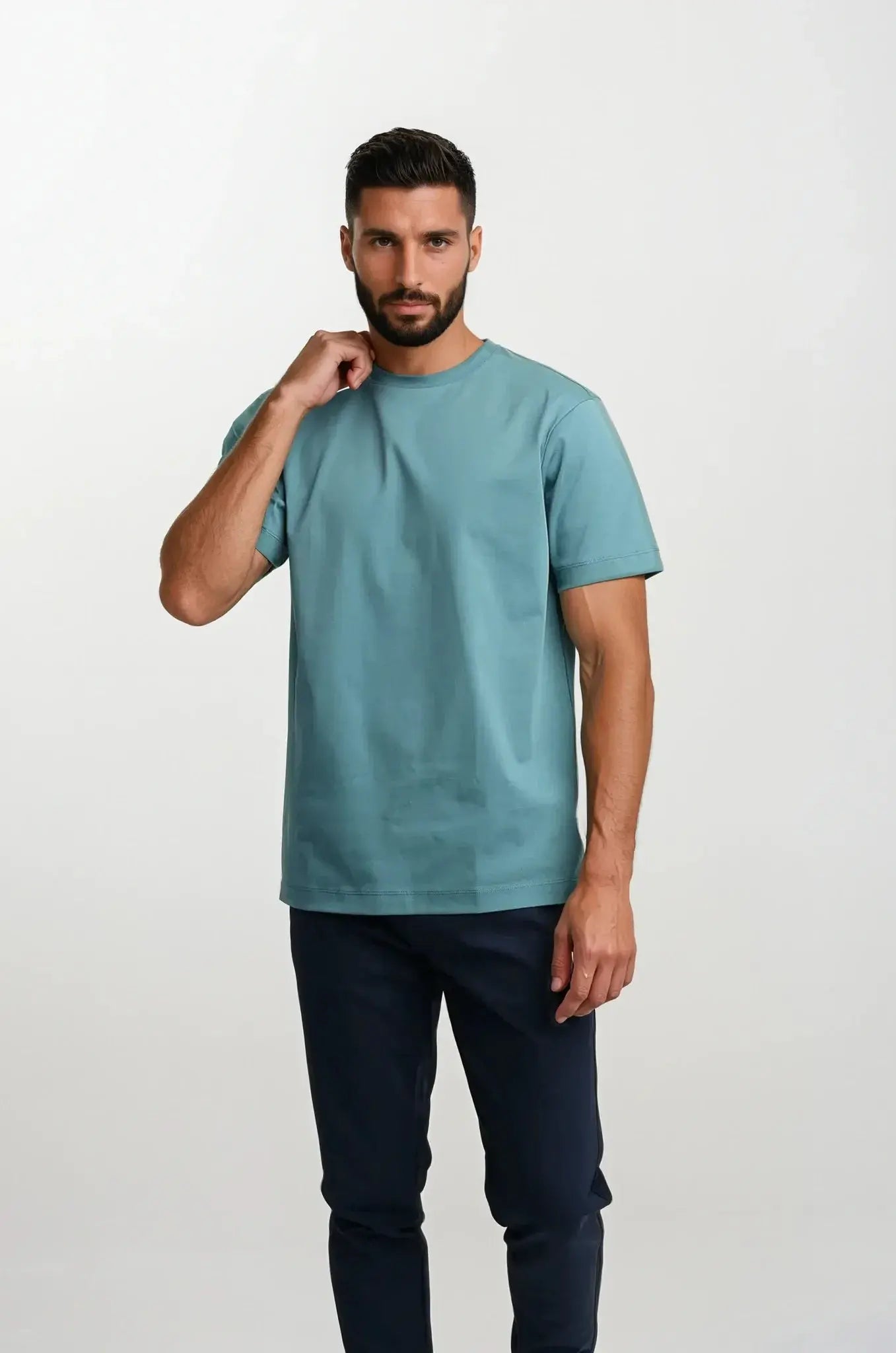 Turquoise T-shirt - Basic T-shirt met ronde hals voor heren-Boetiek Moda