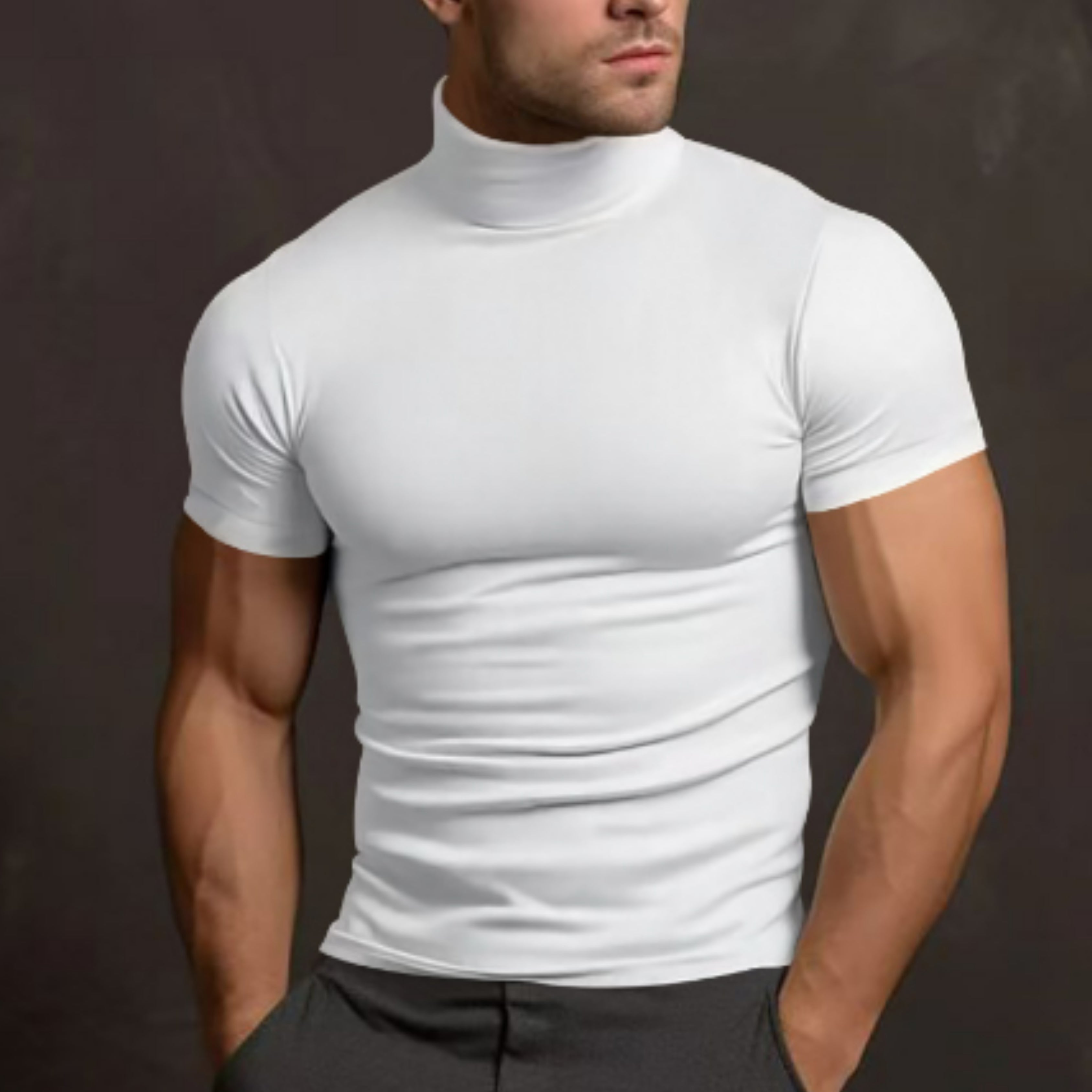 Turtleneck T-shirt - Heren trui met hoge kraag, slim fit en korte mouwen-Boetiek Moda