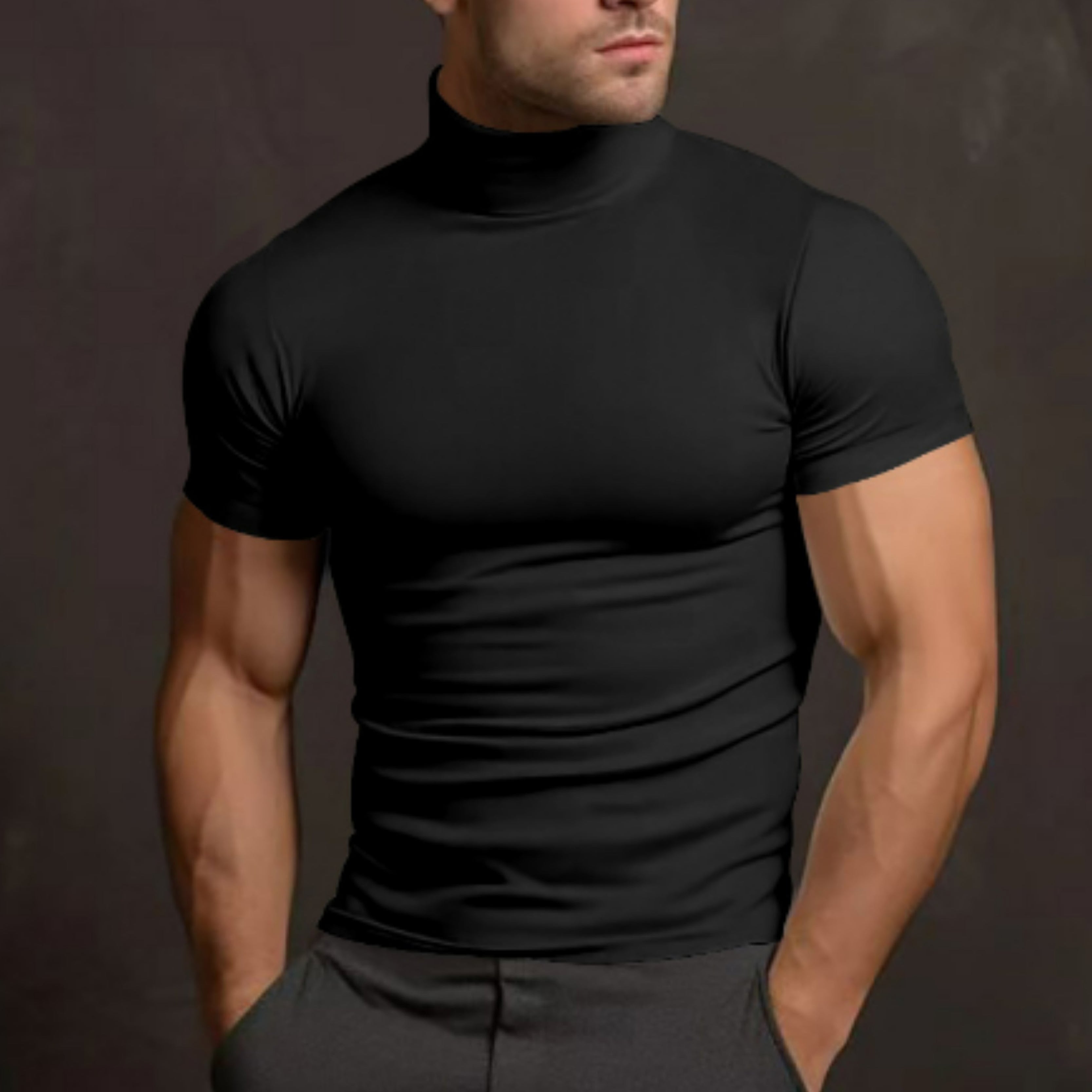Turtleneck T-shirt - Heren trui met hoge kraag, slim fit en korte mouwen-Boetiek Moda