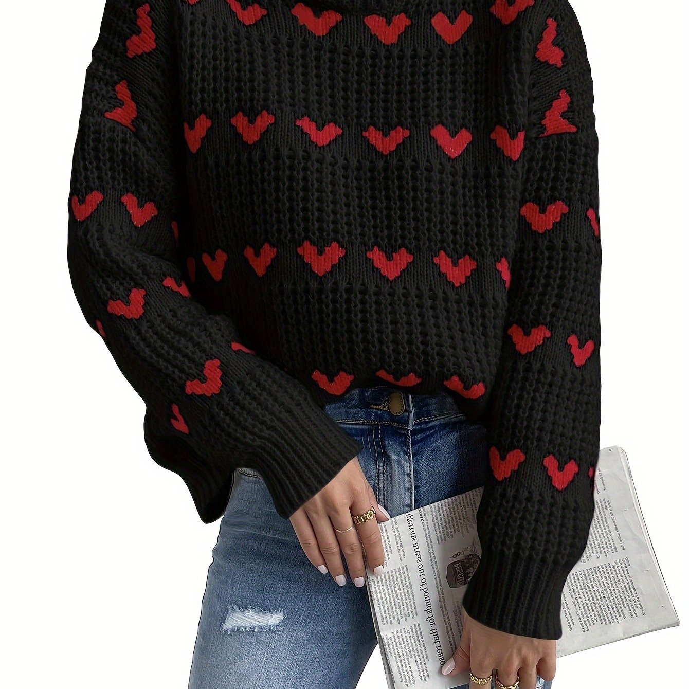 Turtleneck Trui | Hartjesprint | Hoge kraag | Gebreide trui | Dames trui-Boetiek Moda