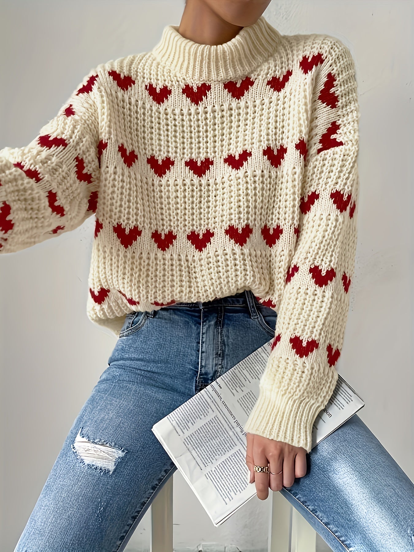 Turtleneck Trui | Hartjesprint | Hoge kraag | Gebreide trui | Dames trui-Boetiek Moda