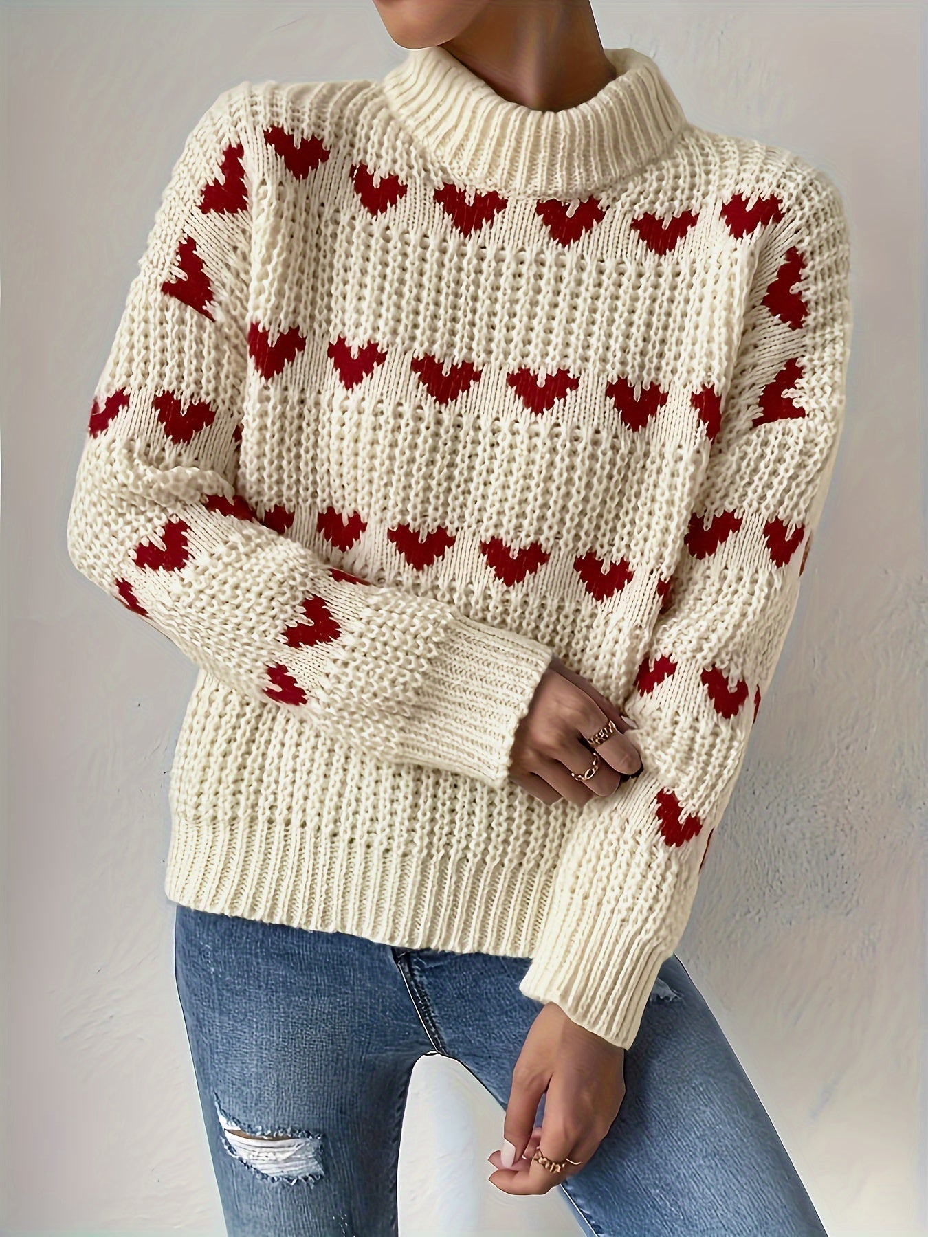 Turtleneck Trui | Hartjesprint | Hoge kraag | Gebreide trui | Dames trui-Boetiek Moda