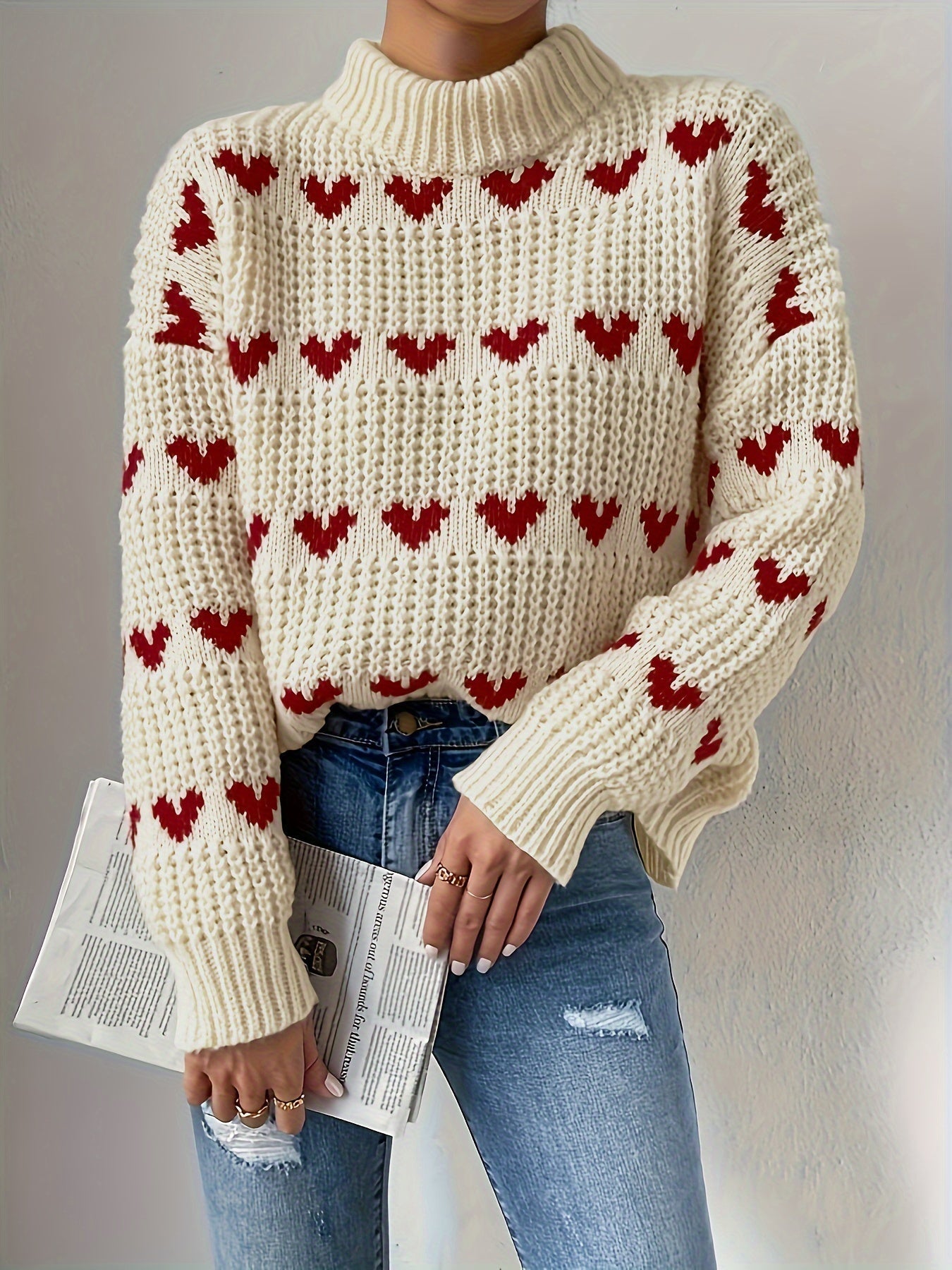 Turtleneck Trui | Hartjesprint | Hoge kraag | Gebreide trui | Dames trui-Boetiek Moda