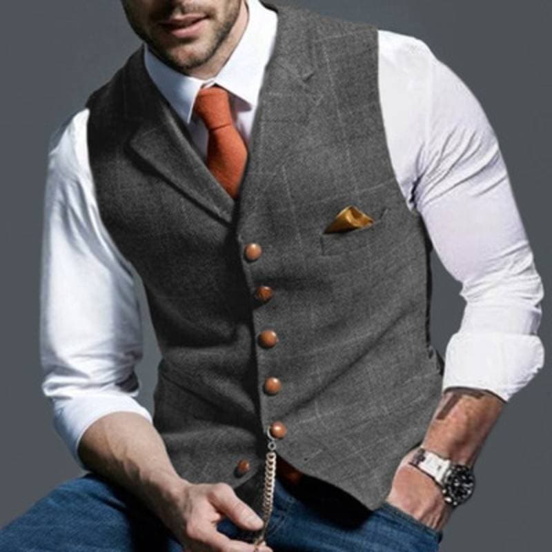 Tweed vest - Mouwloos - Enkelborstig - Kostuumvest - Herenvest-Boetiek Moda