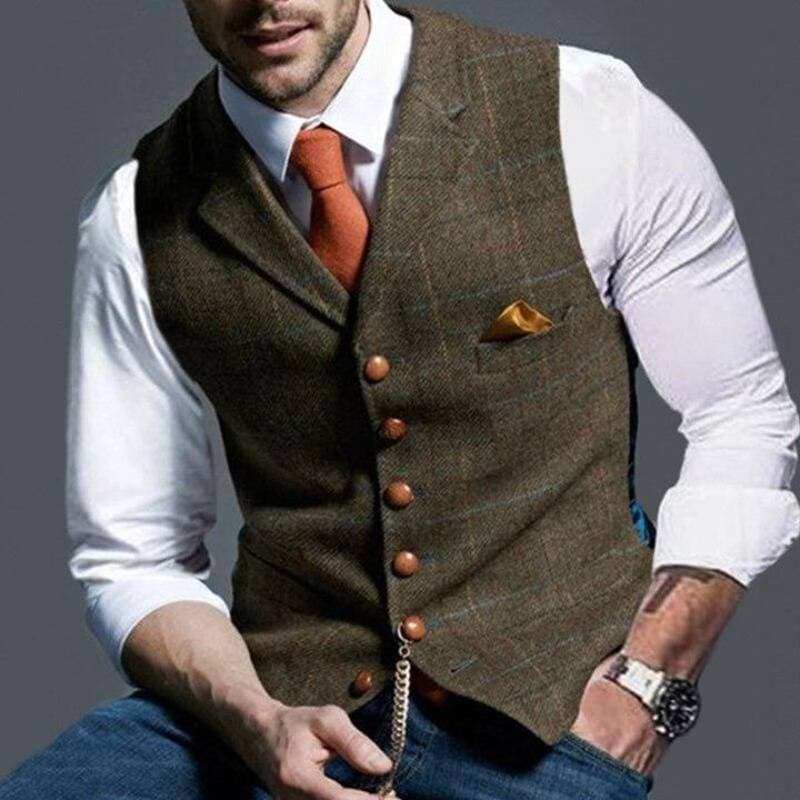 Tweed vest - Mouwloos - Enkelborstig - Kostuumvest - Herenvest-Boetiek Moda