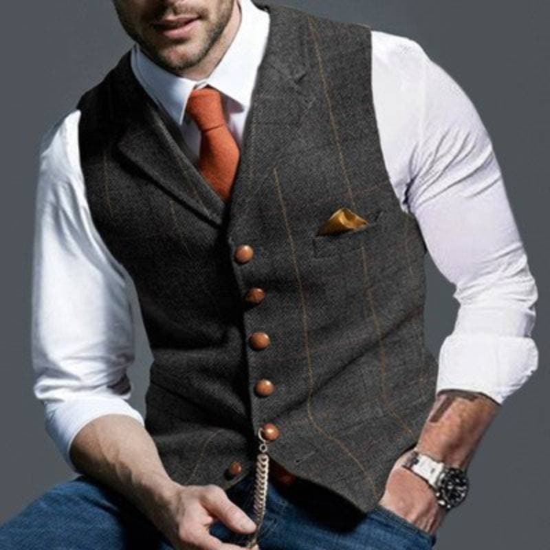 Tweed vest - Mouwloos - Enkelborstig - Kostuumvest - Herenvest-Boetiek Moda