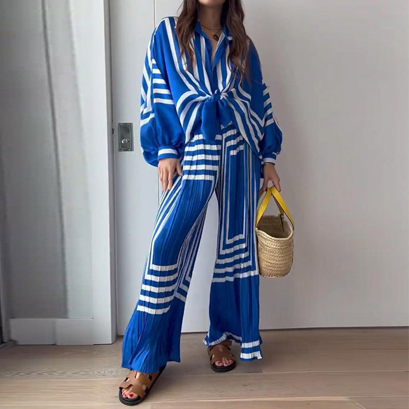 Tweedelige set | Blauw | Lange Mouwen | Broek met Wijde Pijpen en Top | Tweedelige Damesset-Boetiek Moda