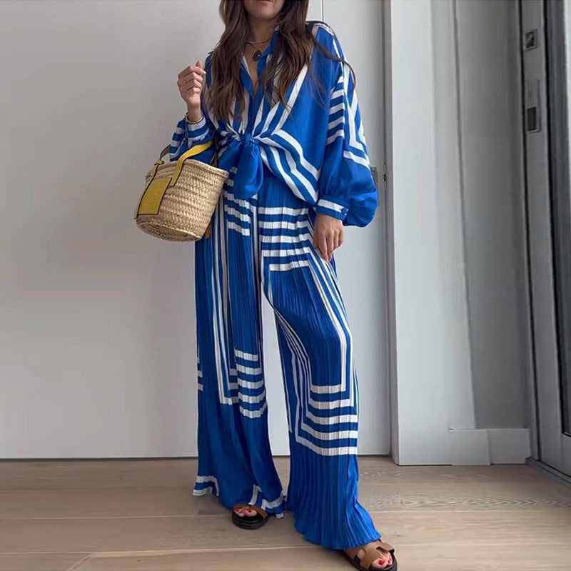 Tweedelige set | Blauw | Lange Mouwen | Broek met Wijde Pijpen en Top | Tweedelige Damesset-Boetiek Moda