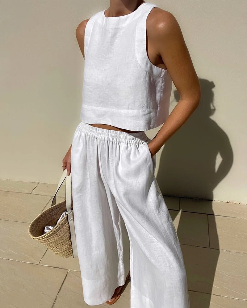 Tweedelige set - Linnen broek met wijde pijpen en top voor dames, perfect voor de zomer-Boetiek Moda