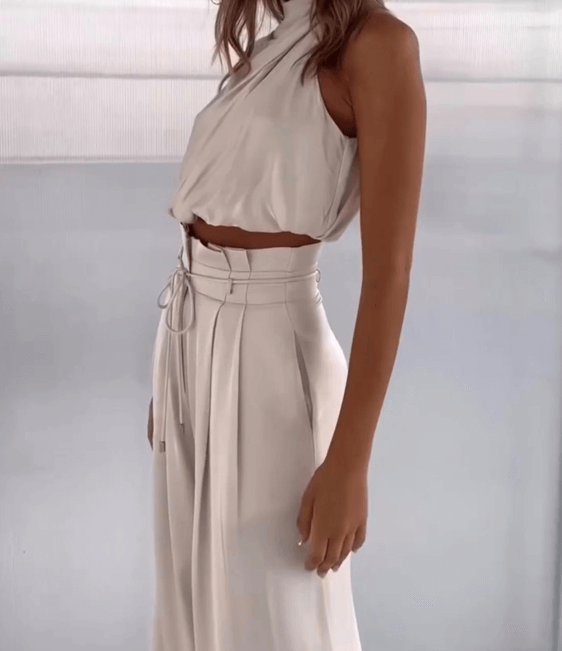 Tweedelige set - Mouwloze satijnen broek en top voor dames-Boetiek Moda