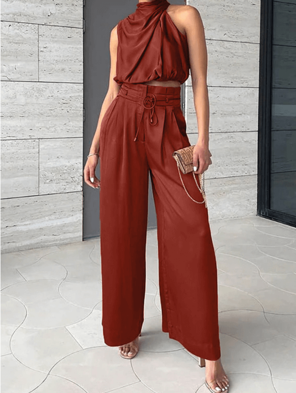 Tweedelige set - Mouwloze satijnen broek en top voor dames-Boetiek Moda