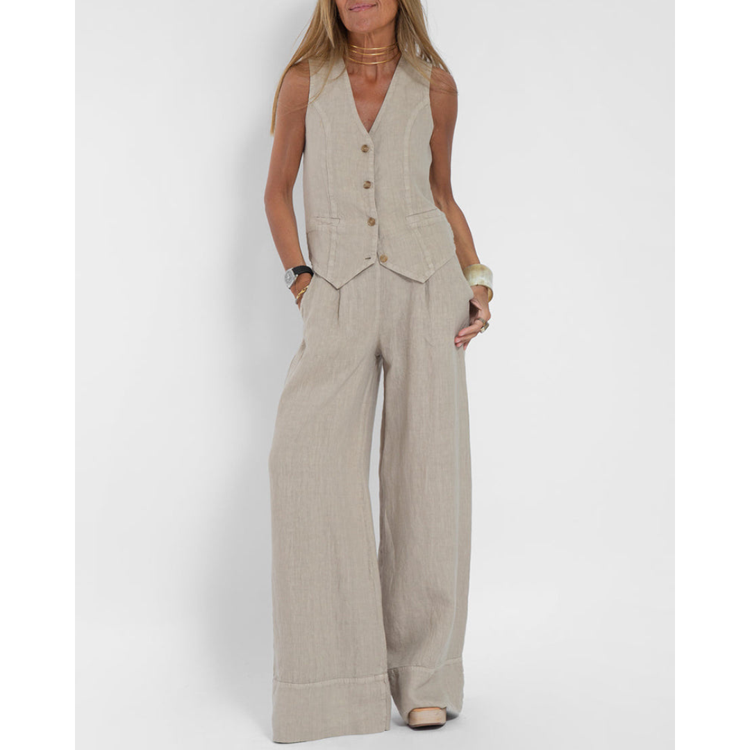 Tweedelige set - Wijde pijpen - Mouwloos - Linnen Kleding Linnen kleding - Dameskleding-Boetiek Moda