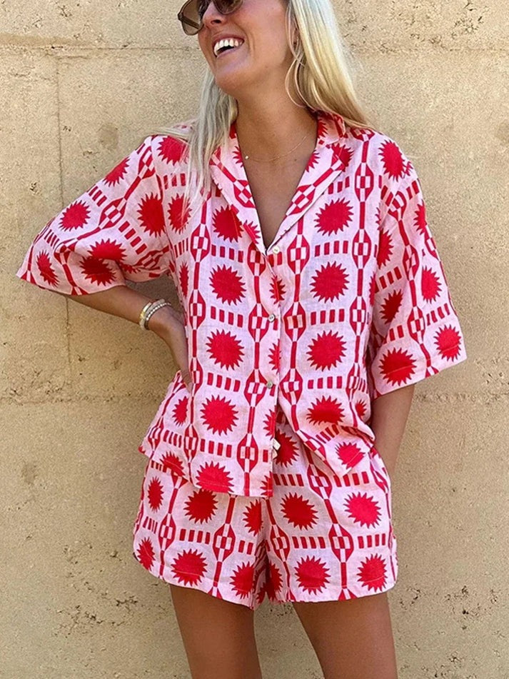 Tweedelige set | Zomer | Los model | Korte broek en overhemd | Samengestelde set voor vrouwen-Boetiek Moda