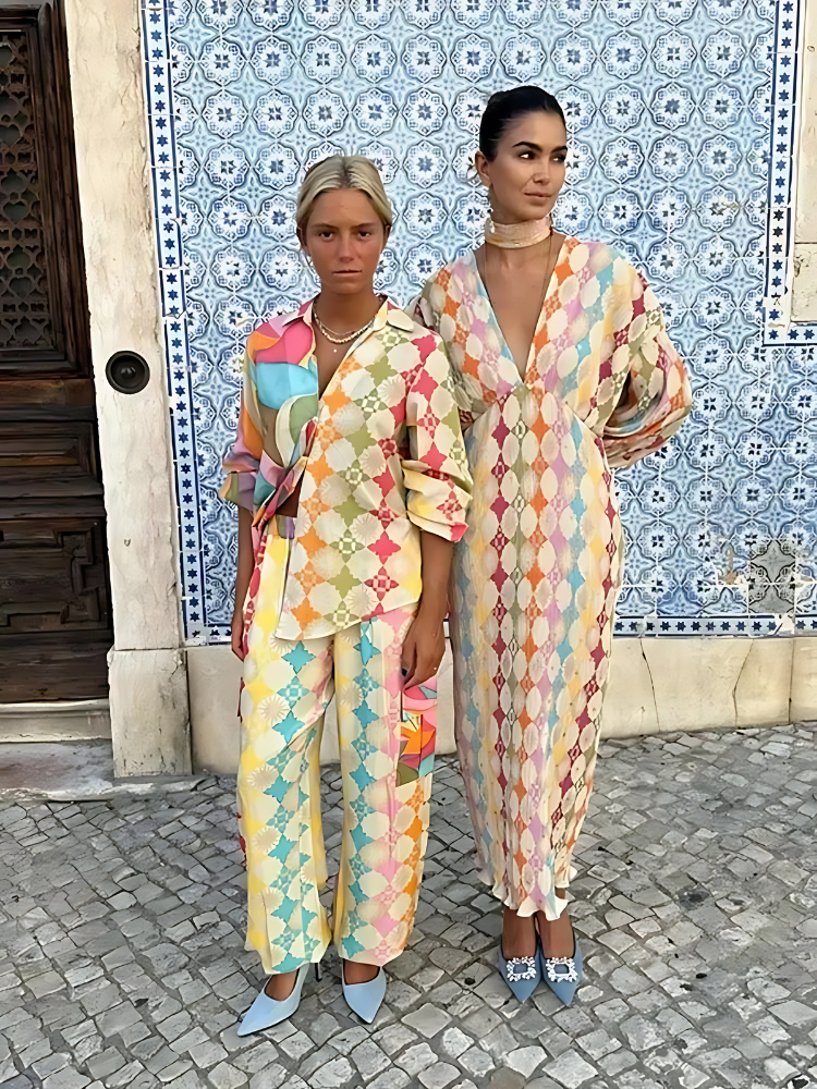 Tweedelige set en jurk | Kleurrijke | Lange Mouwen | Maxi Dress | Zomerjurk voor vrouwen-Boetiek Moda