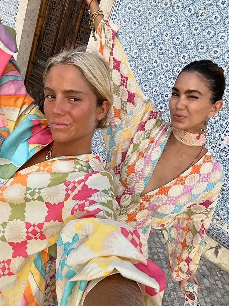 Tweedelige set en jurk | Kleurrijke | Lange Mouwen | Maxi Dress | Zomerjurk voor vrouwen-Boetiek Moda