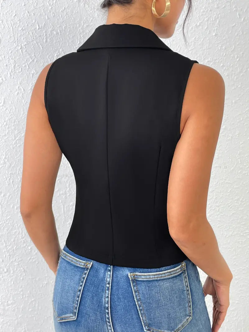 Vest Top - Enkelborstig - Mouwloos - Zwart Vest - Damesvest-Boetiek Moda