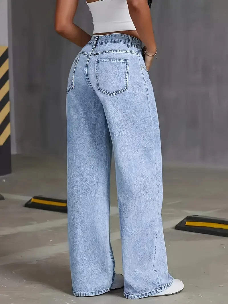 Wide Leg Jeans - Lichtblauw - Normale taille - Losse jeans - Damesjeans-Boetiek Moda