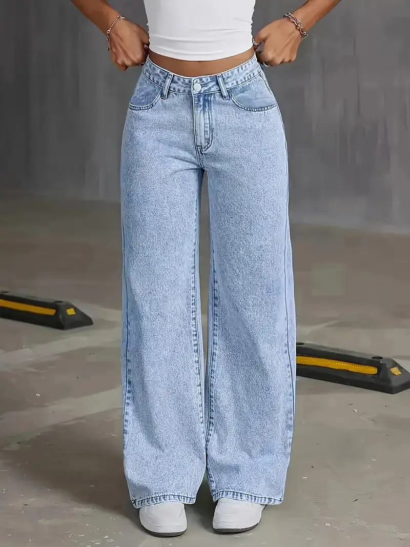 Wide Leg Jeans - Lichtblauw - Normale taille - Losse jeans - Damesjeans-Boetiek Moda