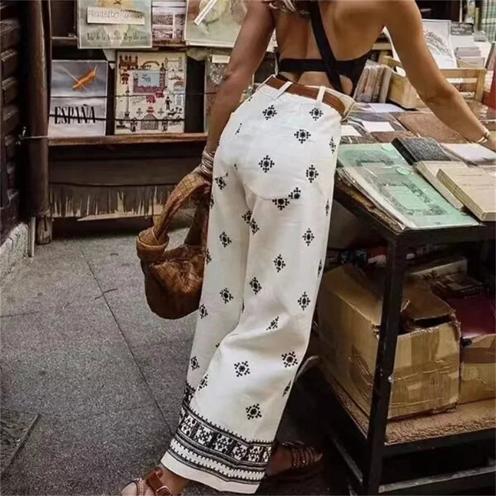 Wijde broek - Hoge taille boho witte zomerbroek voor dames-Boetiek Moda