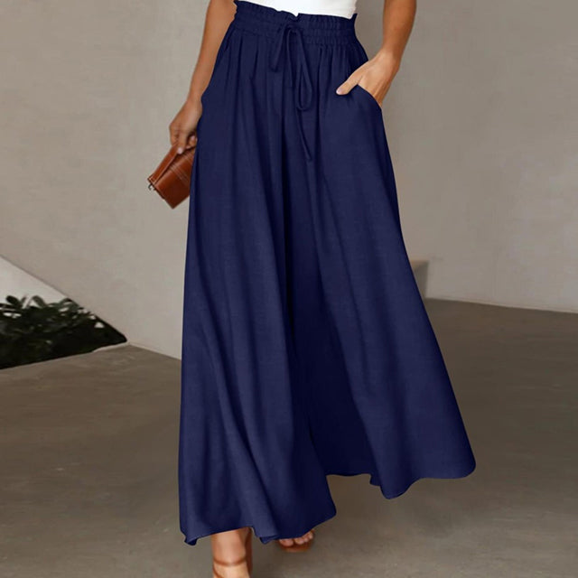 Wijde broek - Hoge taille, soepelvallende linnen broek voor dames voor de zomer-Boetiek Moda