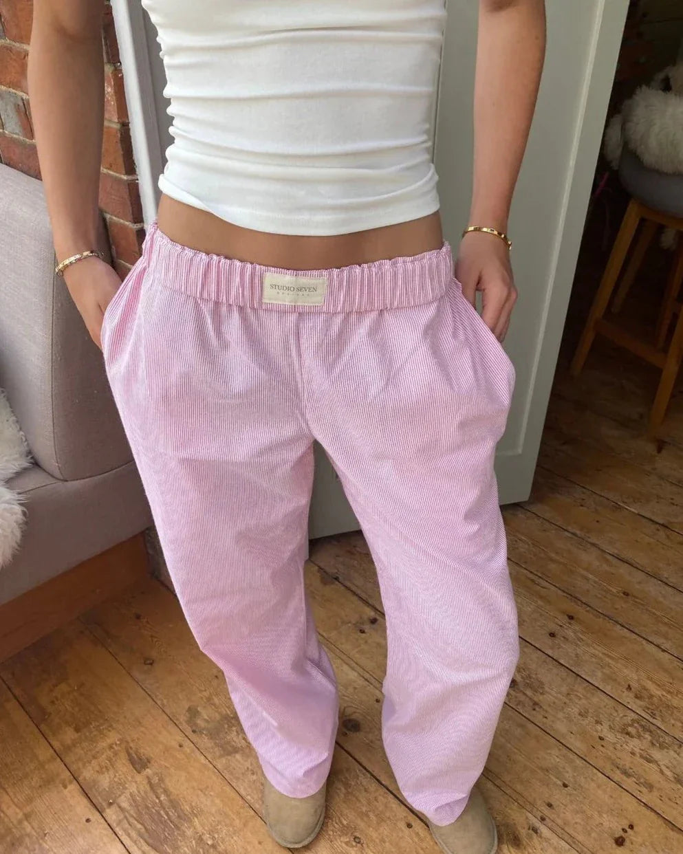 Wijde broek | Lage taille | Elastische tailleband | Pyjamabroek | Lounge broek voor dames-Boetiek Moda
