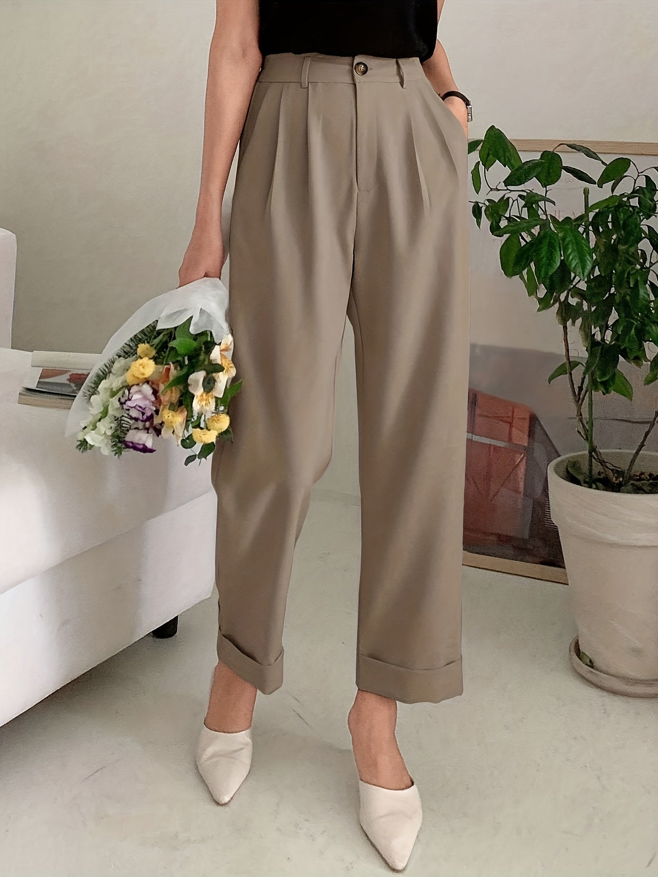 Wijde broek - Plooien - Hoge taille - Wijde pijpen - Damesbroek-Boetiek Moda