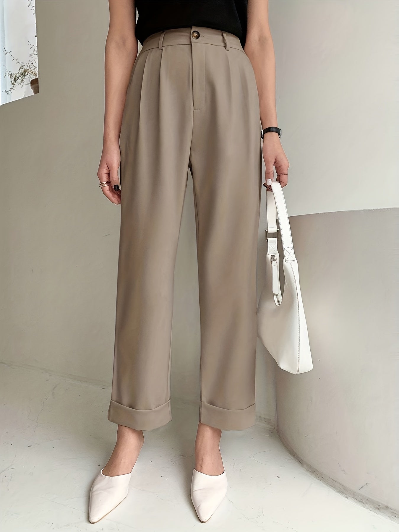 Wijde broek - Plooien - Hoge taille - Wijde pijpen - Damesbroek-Boetiek Moda