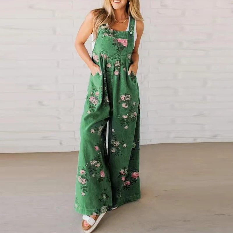 Wijde broek met bretels - Bloemenprint - Denim - Overalls - Jumpsuit voor dames-Boetiek Moda