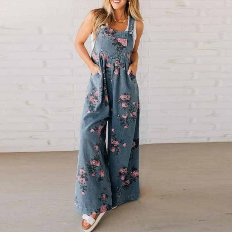 Wijde broek met bretels - Bloemenprint - Denim - Overalls - Jumpsuit voor dames-Boetiek Moda