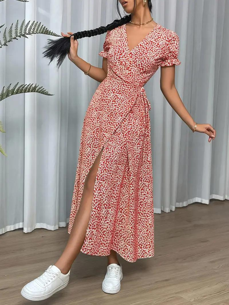 Wikkeljurk Korte Mouw Split Lange Jurk Zomerjurk Boetiek Moda
