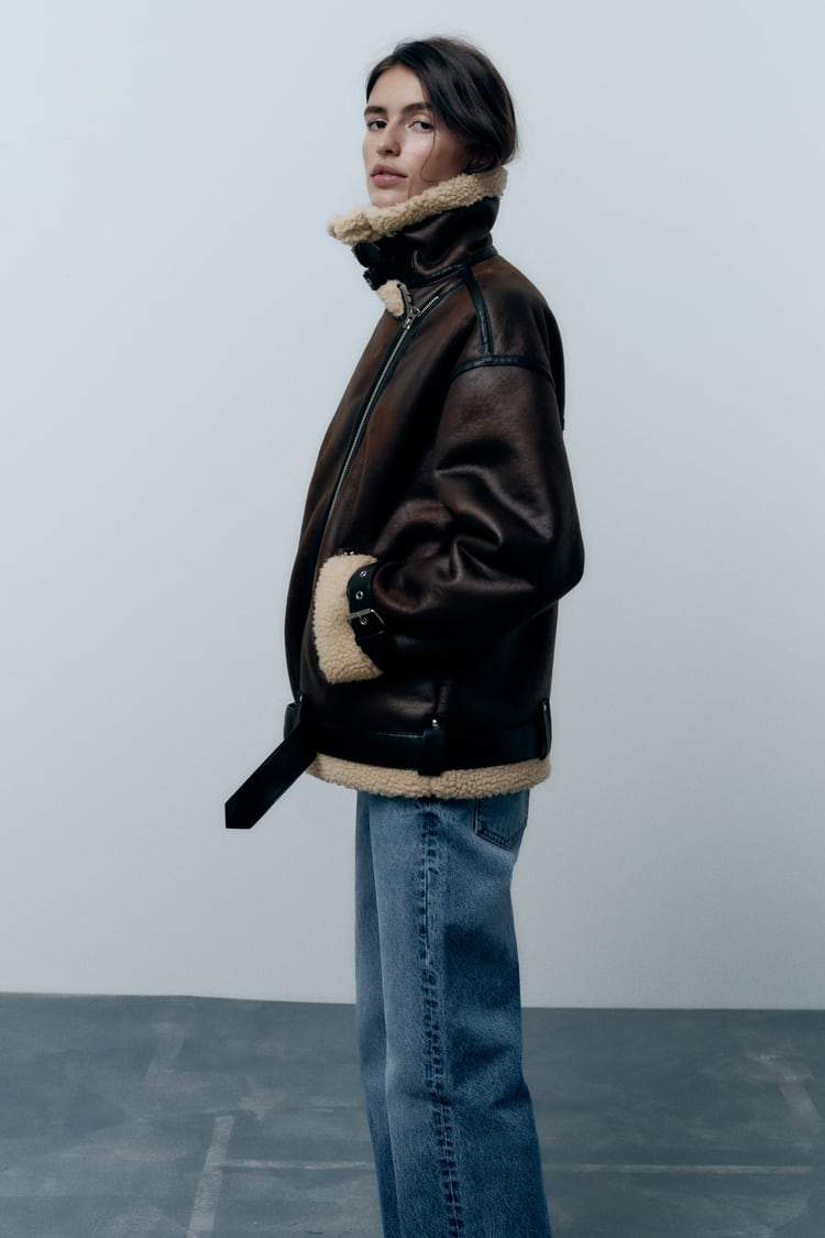 Winterleren Jas - Oversized sherpa fleece leren motorjas voor dames-Boetiek Moda