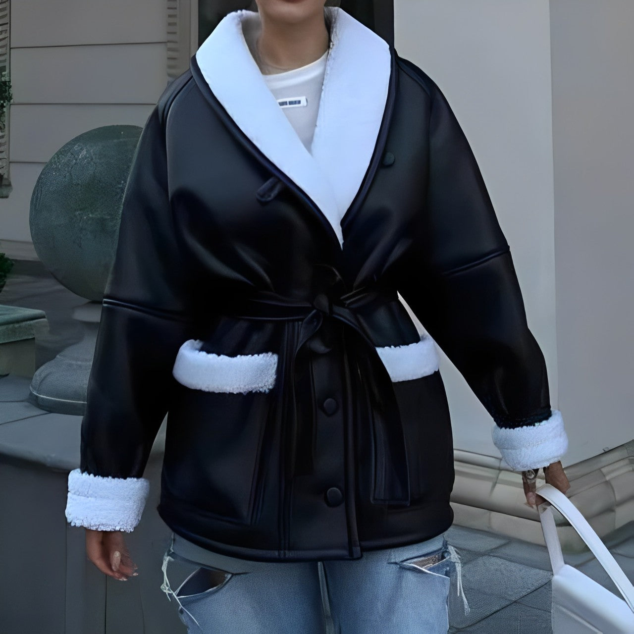 Winterleren jas - Damesfleece met sherpa voering en riem-Boetiek Moda