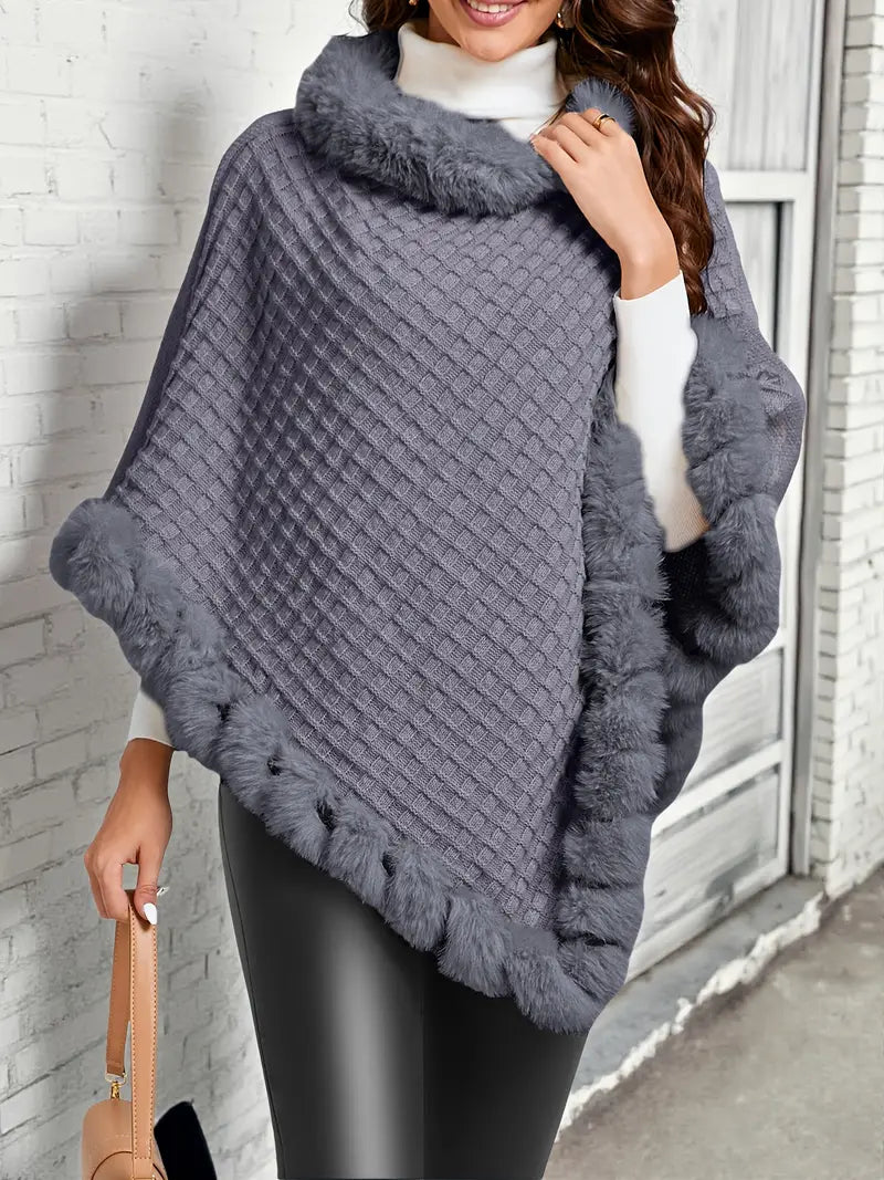 Winterponcho | Nepbont | Hoge kraag | Poncho met bontrand | Damesponcho-Boetiek Moda