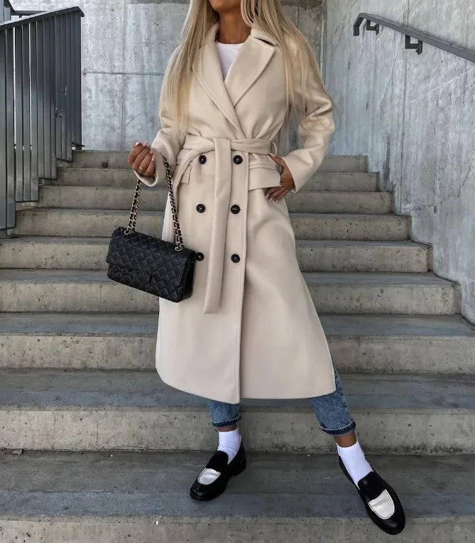 Wintertrenchcoat - Dubbelrijks - Riem - Lange peacoat - Lange damesjas-Boetiek Moda