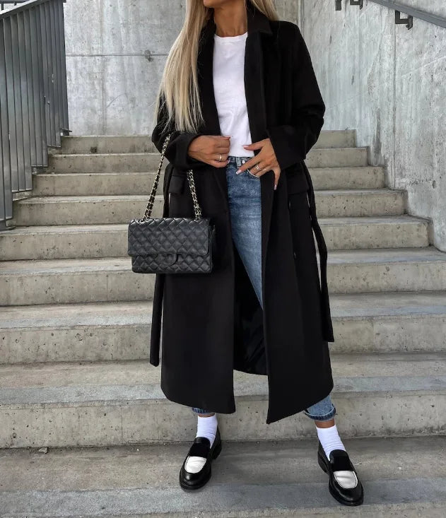 Wintertrenchcoat - Dubbelrijks - Riem - Lange peacoat - Lange damesjas-Boetiek Moda