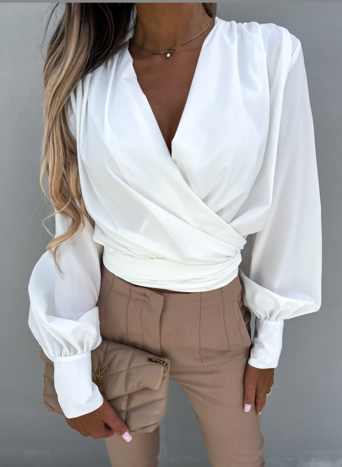 Witte Blouse - Lange Mouw - Lantaarn Mouw - V-Hals Blouse - Damesblouse-Boetiek Moda