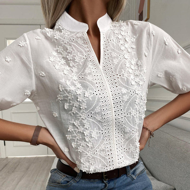 Witte Blouse - Pofmouw - Kant - Korte Mouwen - Dameskleding-Boetiek Moda