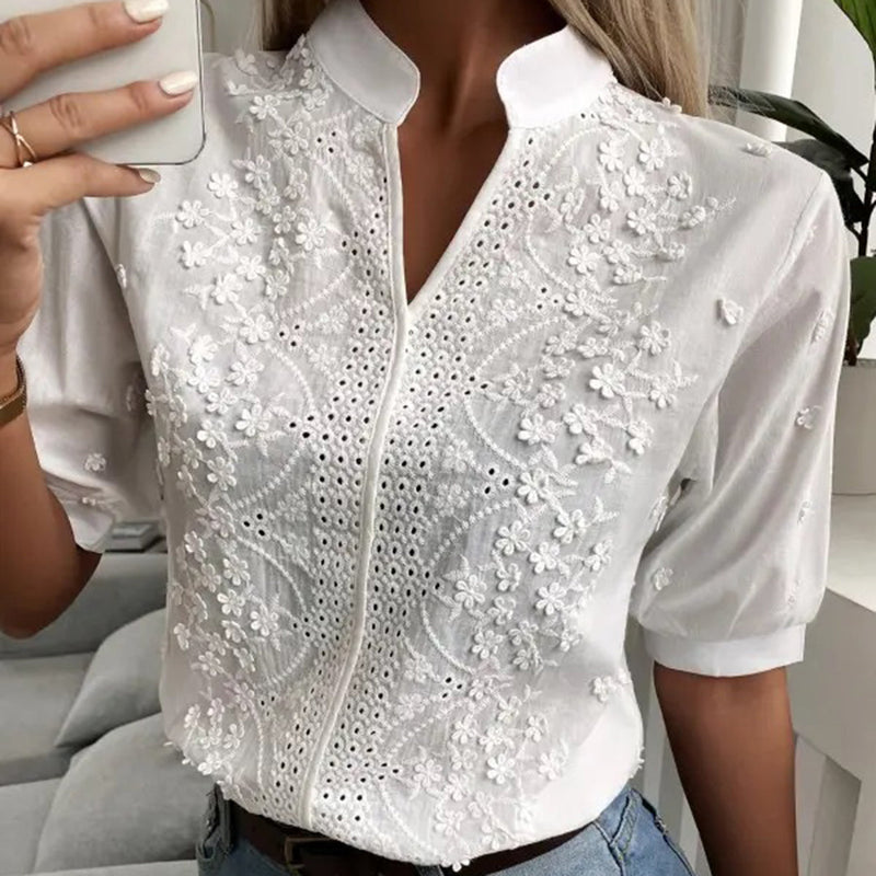 Witte Blouse - Pofmouw - Kant - Korte Mouwen - Dameskleding-Boetiek Moda