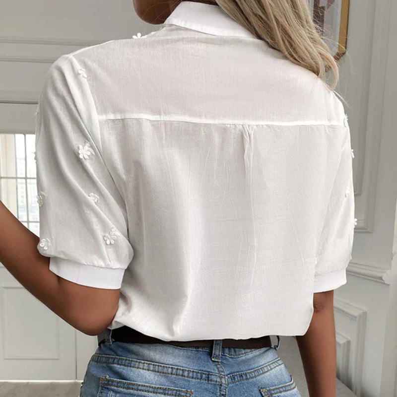 Witte Blouse - Pofmouw - Kant - Korte Mouwen - Dameskleding-Boetiek Moda