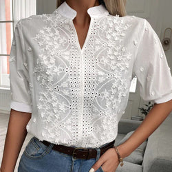 Witte Blouse - Pofmouw - Kant - Korte Mouwen - Dameskleding-Boetiek Moda