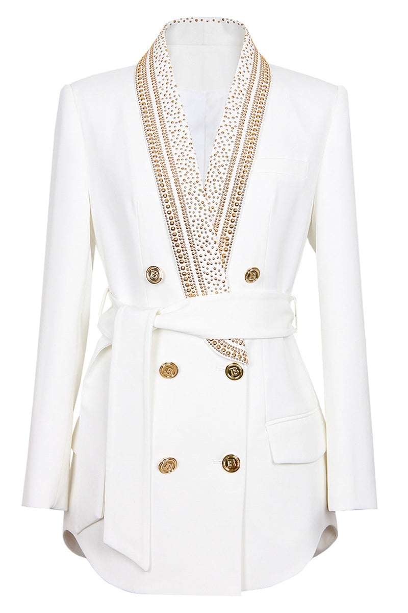 Witte blazer - Double Breasted - Gouden details - Blazer met riem - Dameskleding-Boetiek Moda