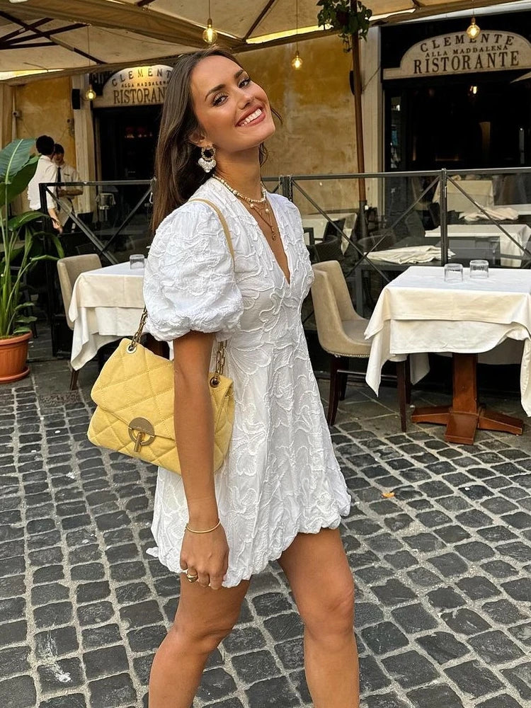 Witte jurk - Pofmouwen - V-hals - Mini-jurk - Zomerjurk-Boetiek Moda