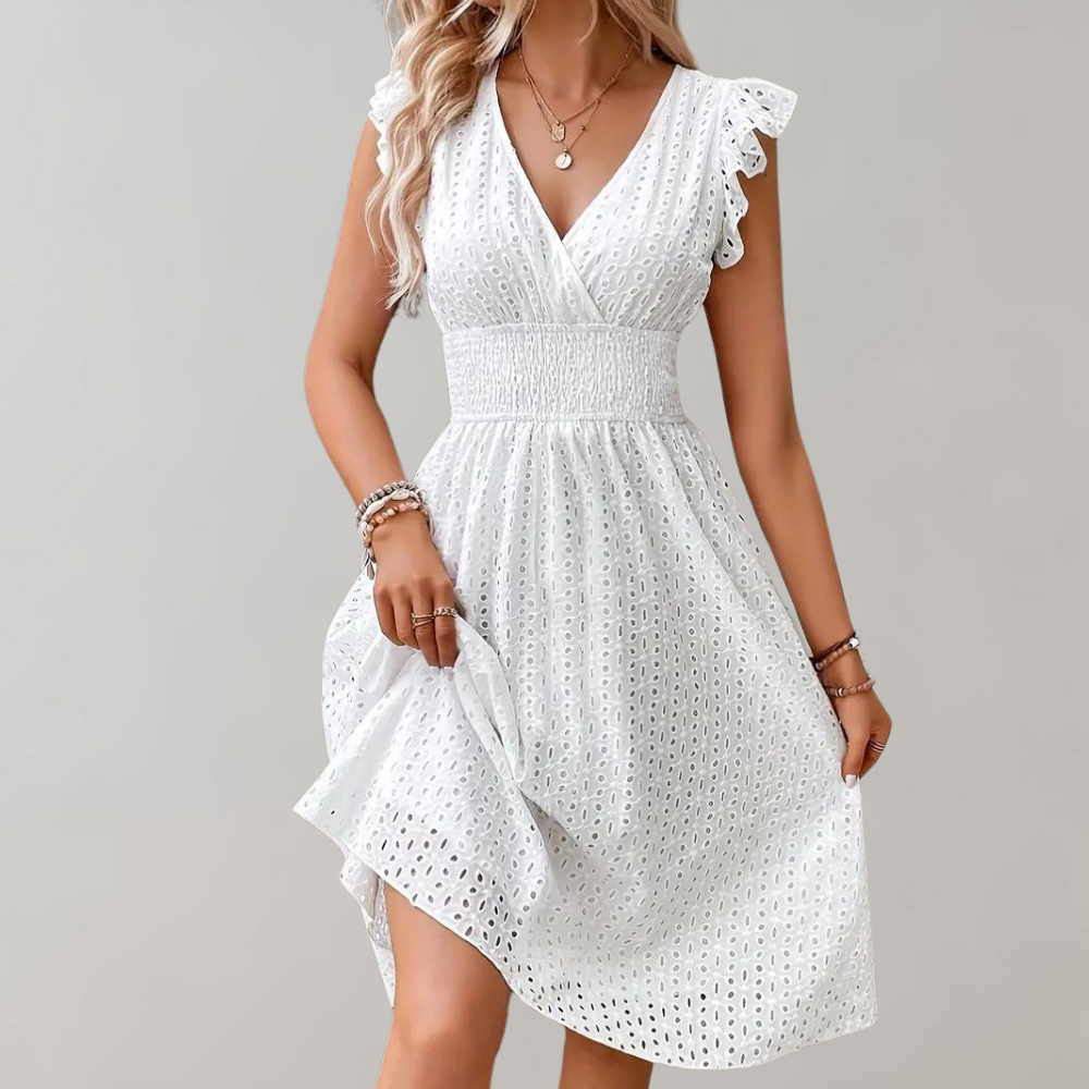 Witte jurk - Vrouwen V-hals vlindermouw knielange zomerjurk-Boetiek Moda