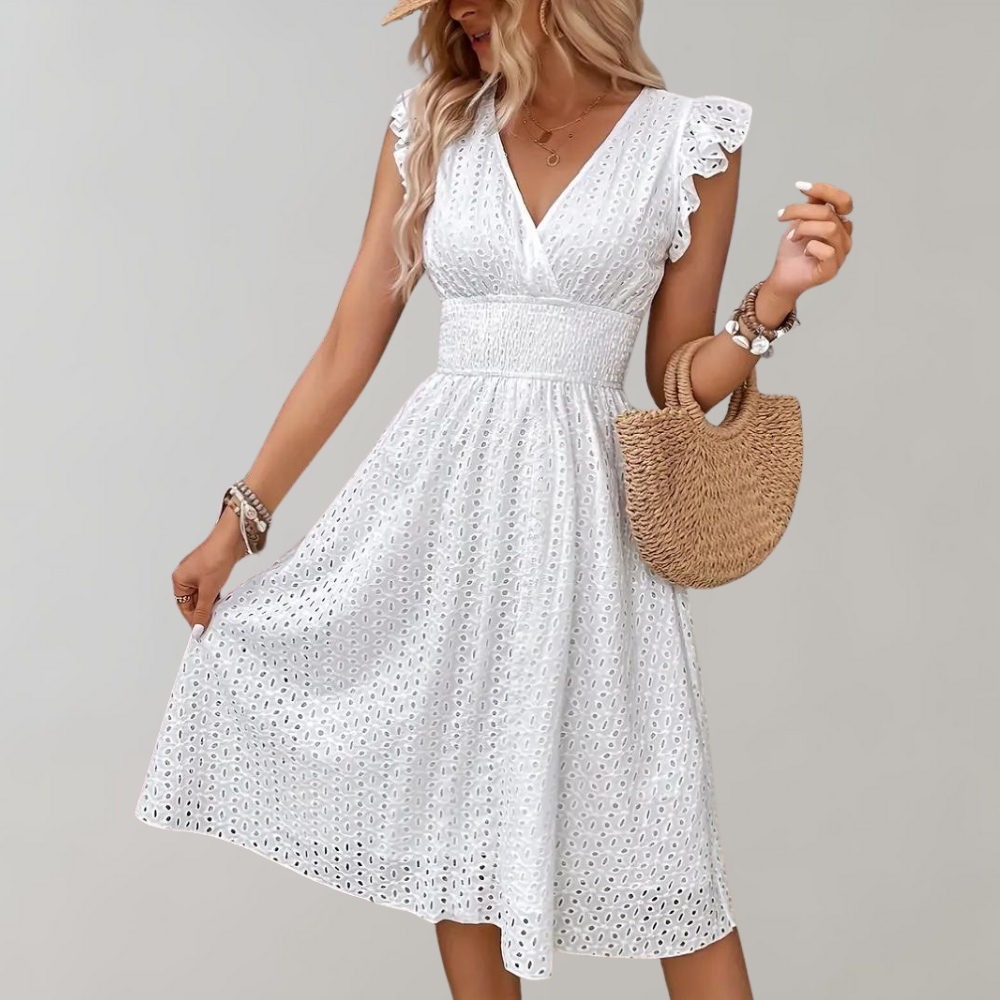 Witte jurk - Vrouwen V-hals vlindermouw knielange zomerjurk-Boetiek Moda