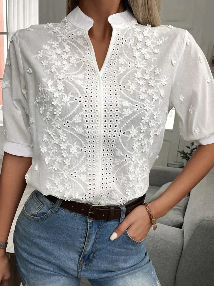 Witte top - Geborduurde Eyelet blouse met korte mouwen voor dames-Boetiek Moda