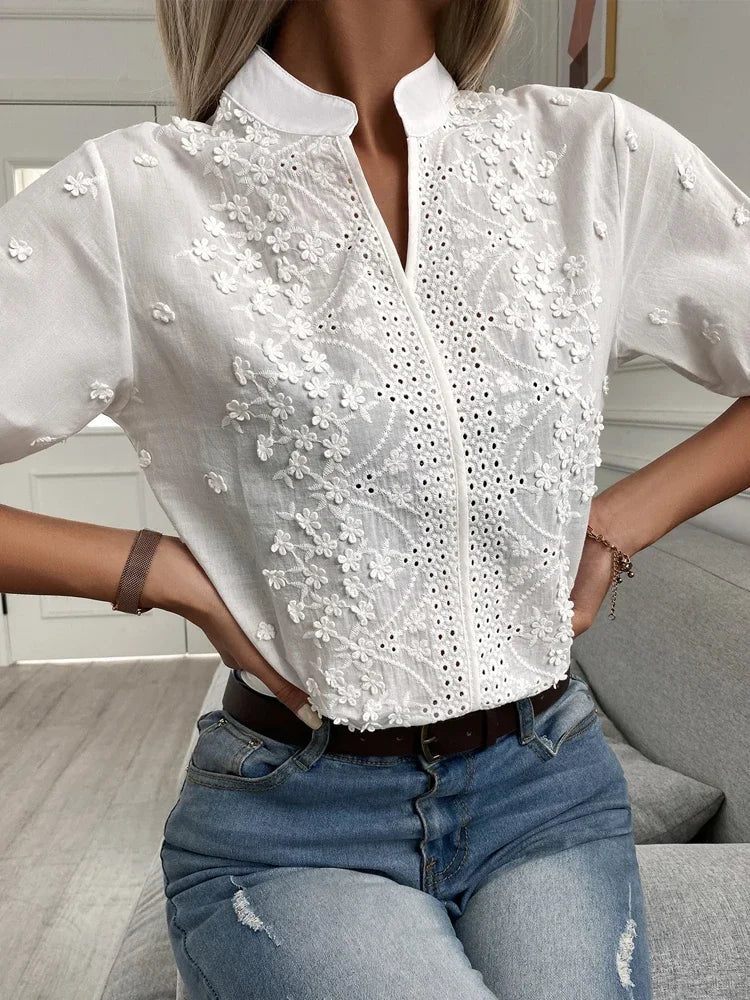 Witte top - Geborduurde Eyelet blouse met korte mouwen voor dames-Boetiek Moda